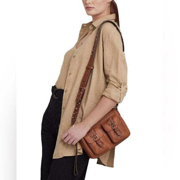 Ralph Lauren Studded Leather Noa Crossbody with Front Pockets, Brown, NWT - Picture 16 of 16